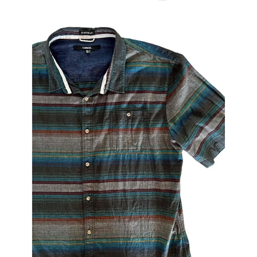 Carbon Mens Multicolor Button Up Short Sleeve Classic Fit Cotton XXL Color Block - Picture 1 of 10